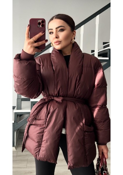 Bordo Kruvaze Kuşaklı Şişme Mont