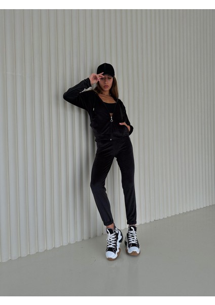 Kadife Kumaş Kapüşonlu Eşofman Takımı – Rahat Fit Günlük Şık Takım | Velvet Zip Hoodie Tracksuit Set