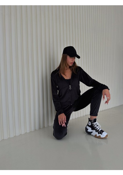 Kadife Kumaş Kapüşonlu Eşofman Takımı – Rahat Fit Günlük Şık Takım | Velvet Zip Hoodie Tracksuit Set fiyatları