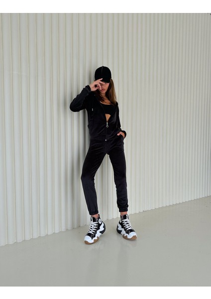 Kadife Kumaş Kapüşonlu Eşofman Takımı – Rahat Fit Günlük Şık Takım | Velvet Zip Hoodie Tracksuit Set modelleri