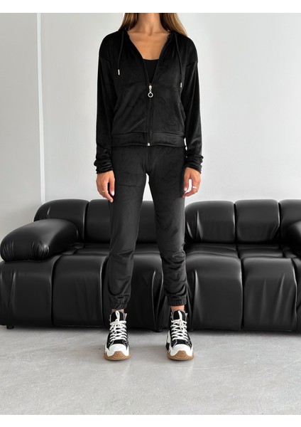 Kadife Kumaş Kapüşonlu Eşofman Takımı – Rahat Fit Günlük Şık Takım | Velvet Zip Hoodie Tracksuit Set fırsatları