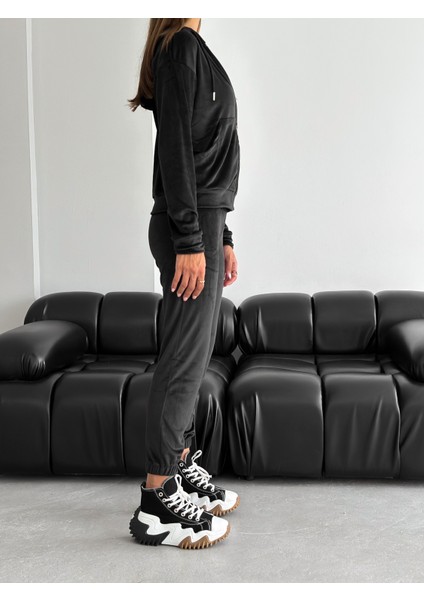 Kadife Kumaş Kapüşonlu Eşofman Takımı – Rahat Fit Günlük Şık Takım | Velvet Zip Hoodie Tracksuit Set