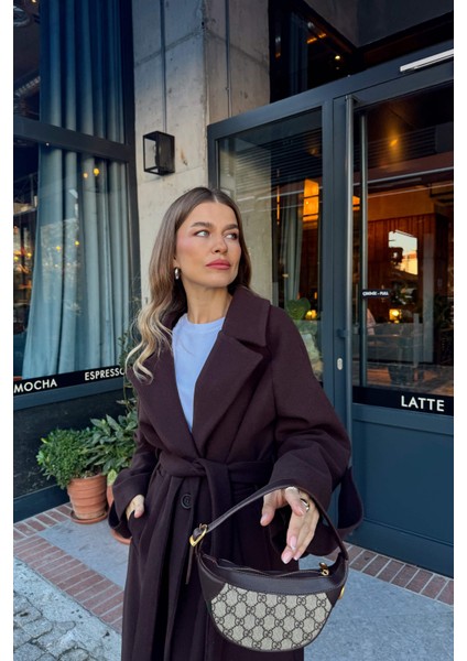 Koyu Kahve Kuşaklı Astarlı Oversize Kol Detay Yün Kaban fiyatları