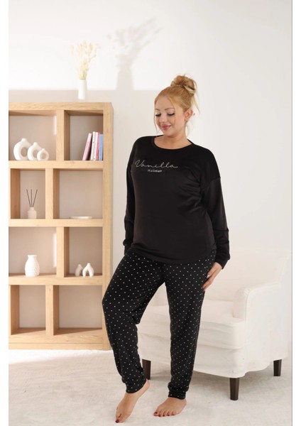 Kadın Büyük Beden Yumuşak Kadife Siyah Pijama Takımı
