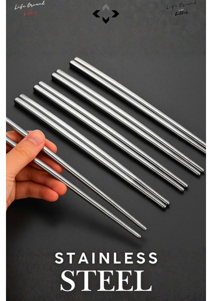 5 Çift Paslanmaz Çelik Yemek Çubuğu Seti – Kaymaz Uçlu, Dayanıklı Chopstick Metal Çubuk Çin Çubuğu