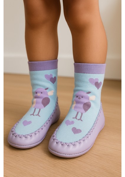 Çocuk Kuş Desenli Makosen Soket Çorap Patik Panduf – Kaydırmaz Ev & Anaokulu Ayakkabısı Mor