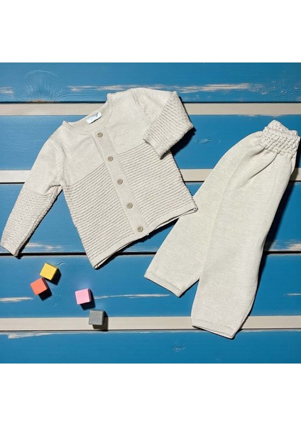 Çizgi Örgülü Bisiklet Yaka Hırkalı Triko Alt Üst Takım - GB6107-BEJ-6 - 9 Ay Bej