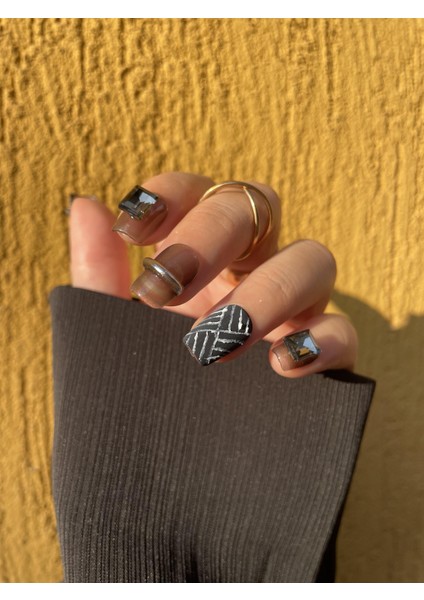 10'lu Gri Kısa Balerin TT1039 Tekrar Kullanılabilir El Yapımı Protez Takma Tırnak - Gri-L