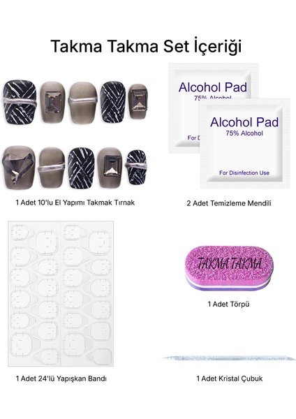 10'lu Gri Kısa Balerin TT1039 Tekrar Kullanılabilir El Yapımı Protez Takma Tırnak - Gri-L modelleri