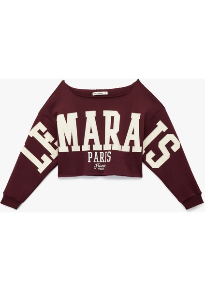 Uzun Kollu Baskılı Kayık Yaka Oversize Crop Sweatshirt modelleri