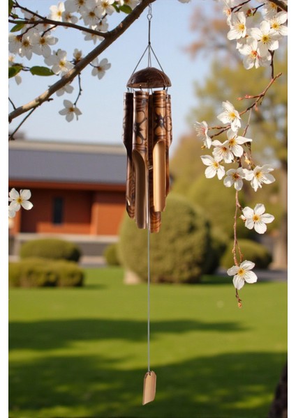 Çiçek Desenli Otantik Coconut Kapaklı El Yapımı Doğal Bambu Rüzgar Çanı 50CM Balkon Dekoru Hediyelik