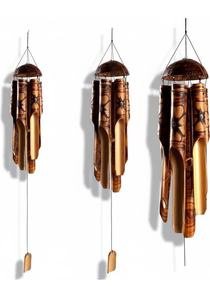 Çiçek Desenli Otantik Coconut Kapaklı El Yapımı Doğal Bambu Rüzgar Çanı 50CM Balkon Dekoru Hediyelik indirimleri