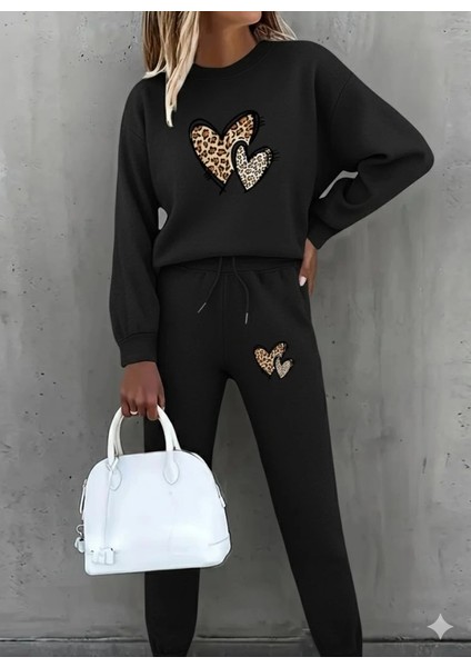 Mdb Kadın Uzun Kollu Bisiklet Yaka Kalp Desenli Şardonlu Üç Iplik Bluz ve Pantolon Ikili Takım