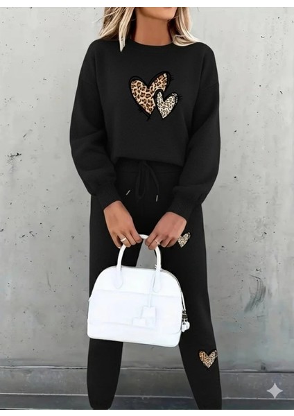 Mdb Kadın Uzun Kollu Bisiklet Yaka Kalp Desenli Şardonlu Üç Iplik Bluz ve Pantolon Ikili Takım fiyatları