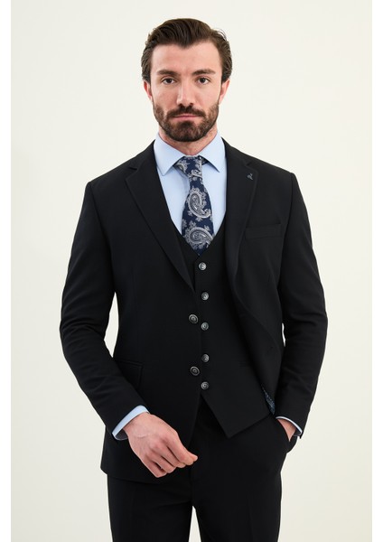 Dokulu Slim Fit Mono Yaka Erkek Takım Elbise