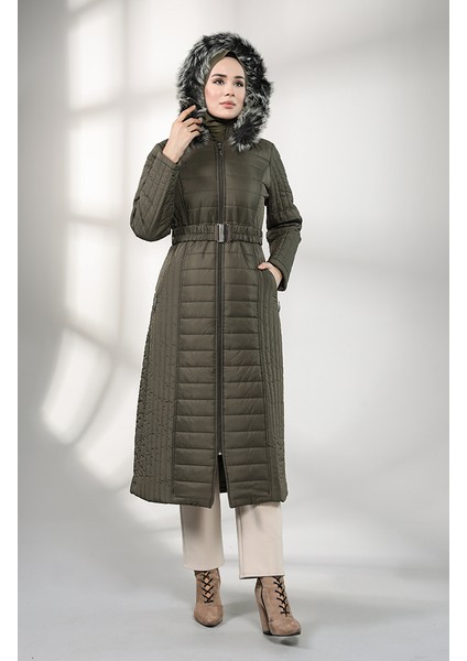 Kapüşonlu Kapitone Kaban 0813-03 Haki fiyatları