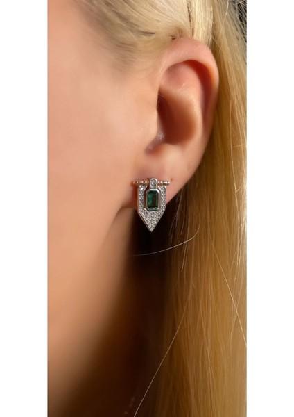 Rose Kaplama Zümrüt Renk Baget Taşlı Üçgen Model Küpe 925 Ayar Gümüş Tek Adet