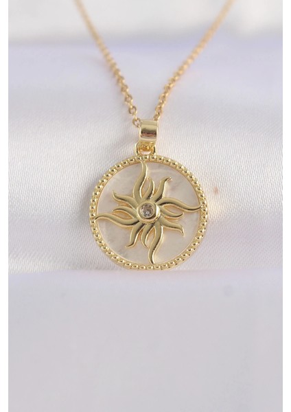 Bfs 316L Çelik Zincir Altın Renk Zirkon Taşlı Oval Tasarım Güneş Kolye