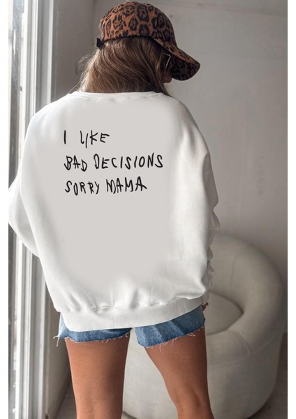 Kadın Slogan Sırt Baskılı Içi Şardonlu Oversize Sweatshirt