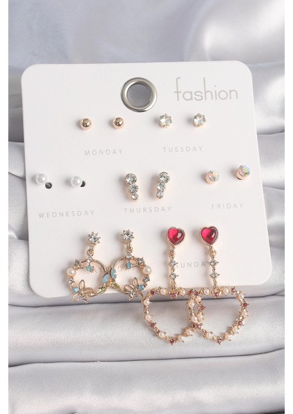 Bfs Pirinç Gold Renk Zirkon Taşlı Sallantı Kalp Figür 7 Çift Kadın Küpe Seti