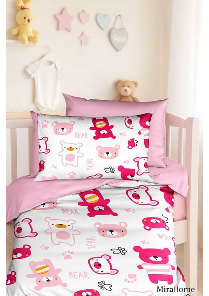 Dijital Baskılı 3D Pamuklu Yenidoğan Bebek Nevresim Takımı Bear Toy Pink
