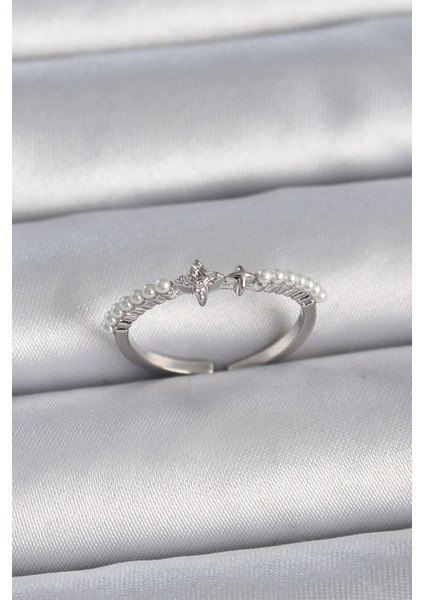 Bfs Pirinç Gümüş Renk Zirkon Taşlı Sıralı Inci Ayarlanabilir Model Kadın Yüzük