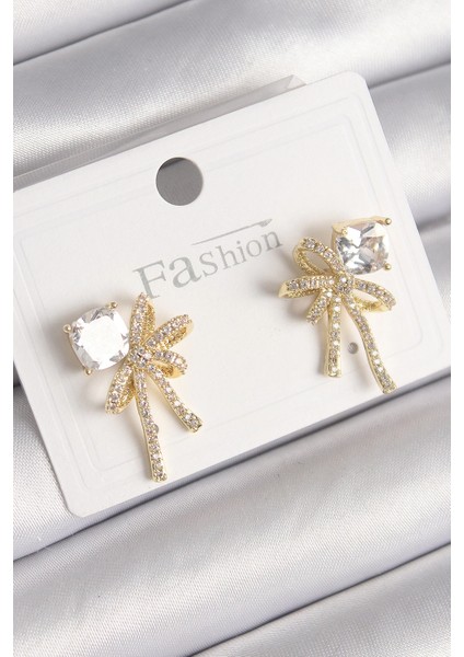 Bfs Pirinç Gold Renk Zirkon Taşlı Kurdele Model Kadın Küpe