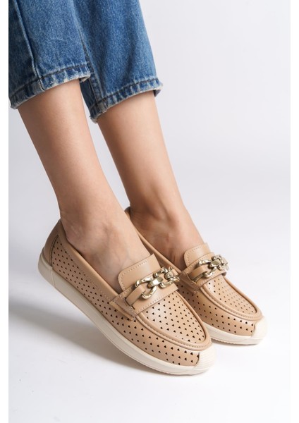 LAYLA Bağcıksız Ortopedik Rahat Taban Kalp Desenli Kadın Babet Ayakkabı CKT - Ten