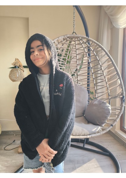 kız Çocuk Peluş Polar Hırka Kapşonlu Fermuarlı Cepli Pembe Beyaz Siyah Mor Gül Kurusu !!!dar Kalıp