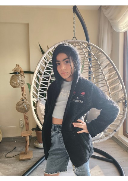 kız Çocuk Peluş Polar Hırka Kapşonlu Fermuarlı Cepli Pembe Beyaz Siyah Mor Gül Kurusu !!!dar Kalıp fırsatları