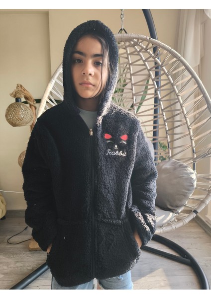 kız Çocuk Peluş Polar Hırka Kapşonlu Fermuarlı Cepli Pembe Beyaz Siyah Mor Gül Kurusu !!!dar Kalıp indirimleri
