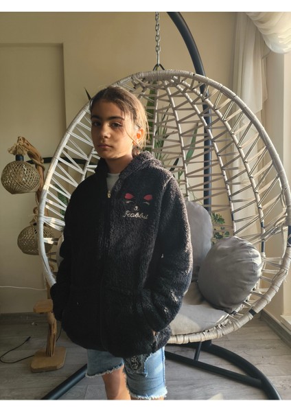 kız Çocuk Peluş Polar Hırka Kapşonlu Fermuarlı Cepli Pembe Beyaz Siyah Mor Gül Kurusu !!!dar Kalıp