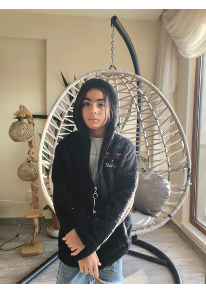 kız Çocuk Peluş Polar Hırka Kapşonlu Fermuarlı Cepli Pembe Beyaz Siyah Mor Gül Kurusu !!!dar Kalıp