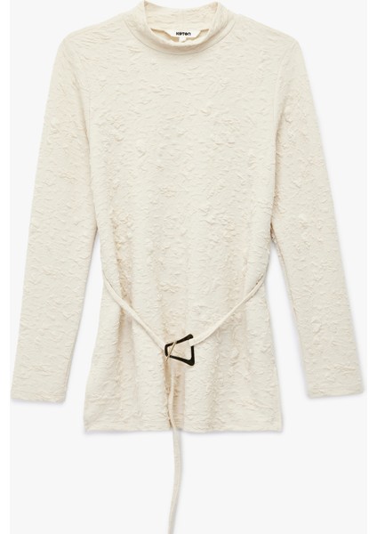 Uzun Kollu Kemer Detaylı Dik Yaka Dokulu Body