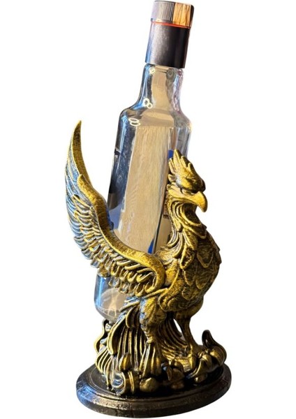 Eskitme Görünümlü Anka Figürlü Şarap Standı – El Boyaması Dekoratif Şarap Tutucu ve Sanatsal Ev Dekoru (Altın)