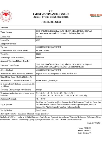 Pro-Nez N:15 Zn:6 Sıvı Çinko Azotlu Gübre – Bitki Geliştirici, Yaprak Gübresi – 1 Lt indirimleri