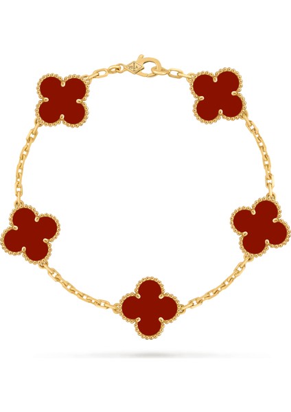 Van Cleef & Arpels Vintage Alhambra Bileklik, 5 Motif Yonca, Bordo Karnelyan 925 Ayar Gümüş
