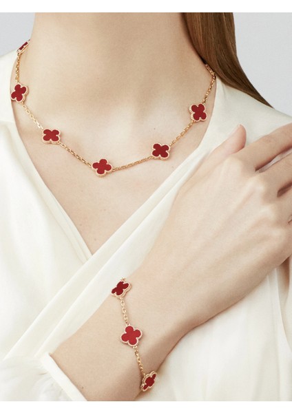 Van Cleef & Arpels Vintage Alhambra Bileklik, 5 Motif Yonca, Bordo Karnelyan 925 Ayar Gümüş fiyatları