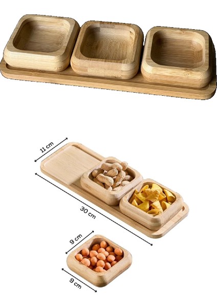 Standlı Bambu Çerezlik, 3'lü Kare Çerezlik, Ikramlık ve Sunumluk Seti Takımı, 9 cm Çap, 1 Set
