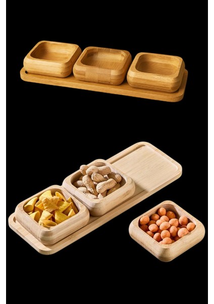 Standlı Bambu Çerezlik, 3'lü Kare Çerezlik, Ikramlık ve Sunumluk Seti Takımı, 9 cm Çap, 1 Set modelleri