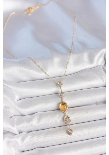 Pirinç Zincir Kehribar Sarı Gold Renk Zirkon Taşlı Y Kolye - Lisinya fiyatları