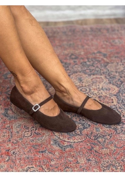 Velma Hakiki Süet Deri Taşlı Toka Detaylı Acı Kahve Babet