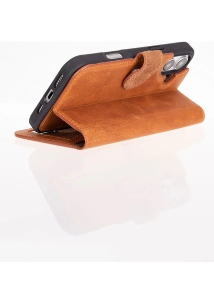 Apple iPhone 16 Uyumlu, Hakiki Deri, El Yapımı, Cüzdanlı Kılıf, Karamel modelleri