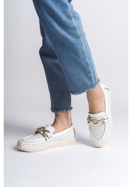 Layla Bağcıksız Ortopedik Rahat Taban Kalp Desenli Kadın Babet Ayakkabı Ckt - Beyaz