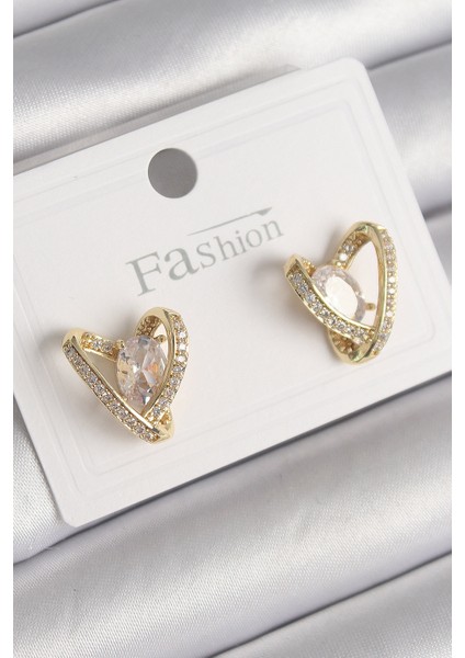 Pirinç Gold Renk Zirkon Taşlı Kalp Model Kadın Küpe - Lisinya