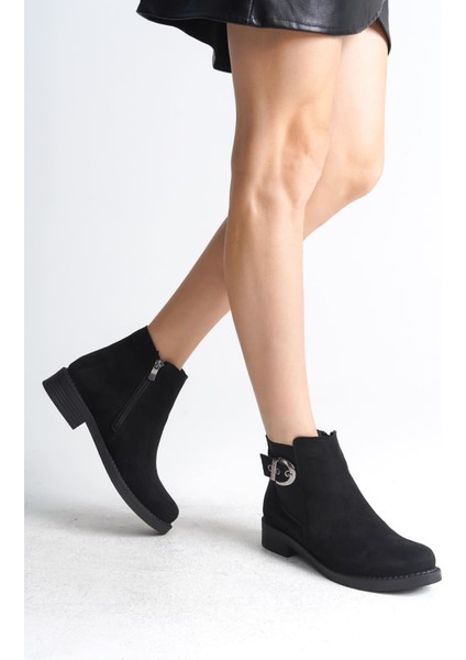 Luna Fermuarlı Lastikli Ortopedik Taban Topuklu Süet Kadın Bot Sst - Siyah