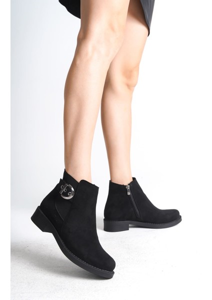 Luna Fermuarlı Lastikli Ortopedik Taban Topuklu Süet Kadın Bot Sst - Siyah modelleri