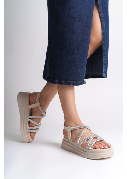 Elena Lastikli Taşlı Şeritli Ortopedik Taban Kadın Sandalet Ckt - Krem