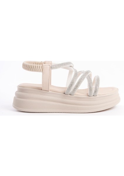 Elena Lastikli Taşlı Şeritli Ortopedik Taban Kadın Sandalet Ckt - Krem indirimleri