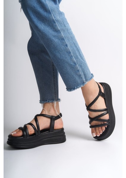 Bella Lastikli Şerit Detaylı Ortopedik Taban Kadın Sandalet Cst - Siyah